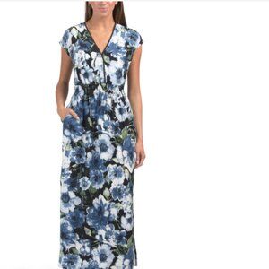 NWT VIVID AURA V-neck Blue Floral Maxi Pull on Embroidered Trim Dress w Pockets
